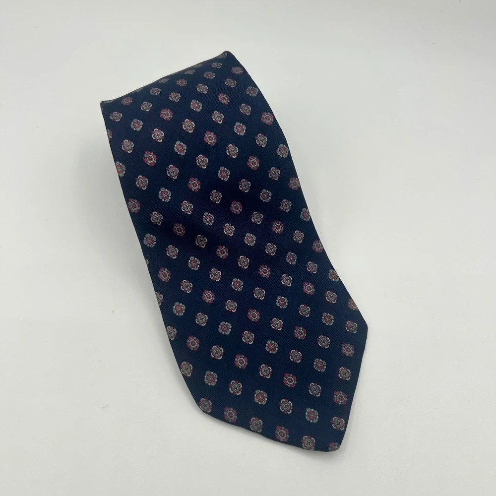 Vintage Yves Saint Laurent Mens Silk Tie Navy Blue Medallion Geometric USA Made